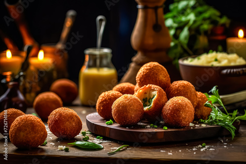 A tempting close up of potato croquettes adorned with fresh garlic on a rustic wooden cutting board. Culinary excellence in every detail, selective focus. photo