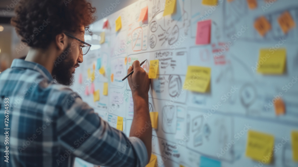 A young African American in an office environment, looking very focused at a whiteboard with annotations and sticky notes, in the process of idea generation and creative planning. A young African American in an office environment, looking very focused at a whiteboard with annotations and sticky notes, in the process of idea generation and creative planning.