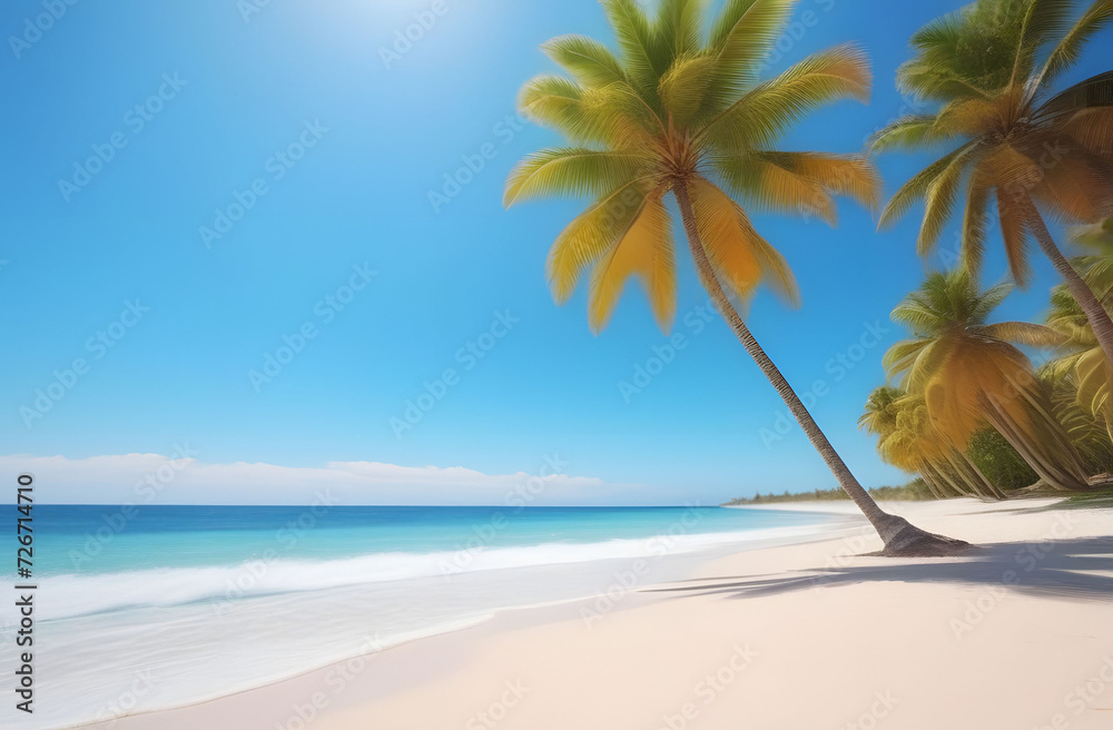 Palm trees on a tropical sandy beach. Untouched white sand, azure sea, blue sky. Beach, relaxation. Travel to warm countries
