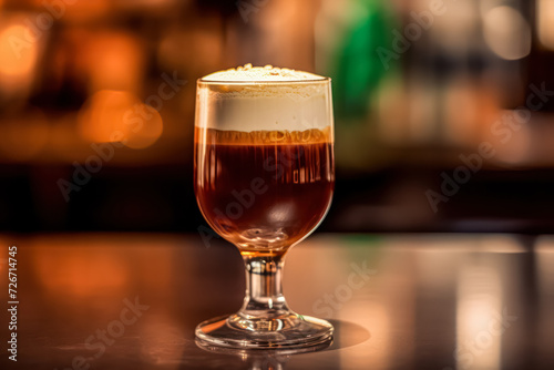 Celebrate St. Patricks Day in style with a close up of Irish coffee in a glass cup, adorned with green sprinkles. Ample copy space for customization.