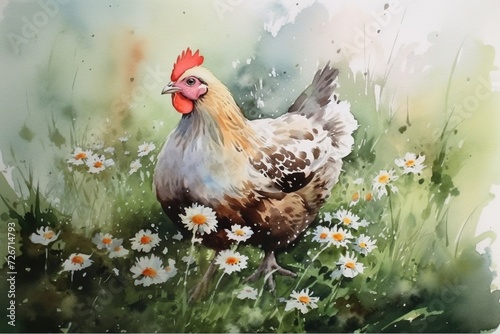 chicken in a flower meadow, watercolor photo