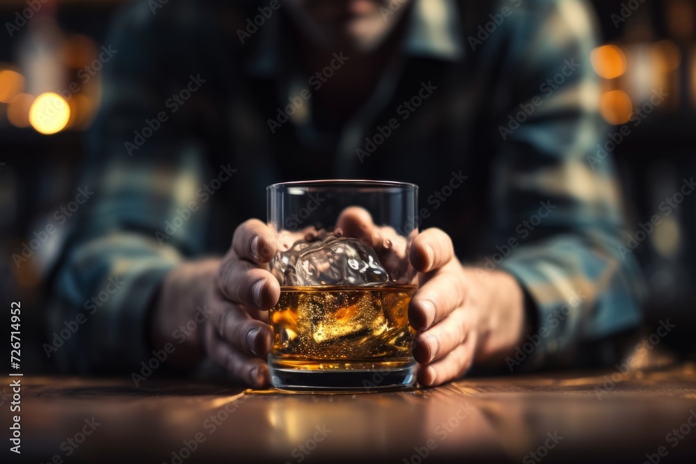 Embracing Sobriety: Confident Man Declines Whiskey, Captured In A Perfectly Symmetrical Photo With Centered Composition And Copy Space Embracing Sobriety: Confident Man Declines Whiskey, Captured In A Perfectly Symmetrical Photo With Centered Composition And Copy Space