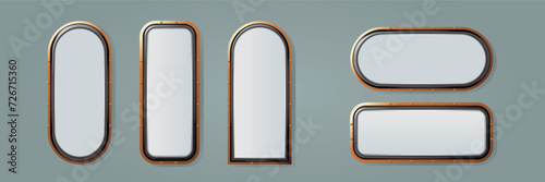 A collection of frames, buttons, panels for games and UI. Metal elements with rivets in steampunk and medieval styles. Linear vector bronze design for mobile applications, websites