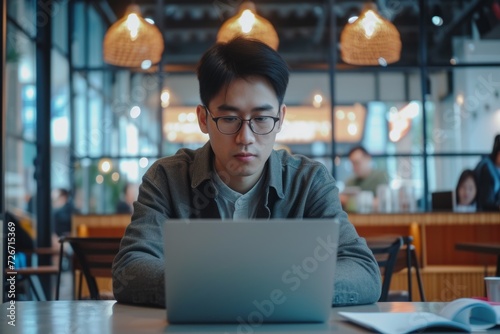 Focused Asian Man Seen Using Laptop In Professional Setting - Symmetrical And Centered Photo