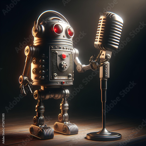 a vintage microphone robot, digital art on dark background photo