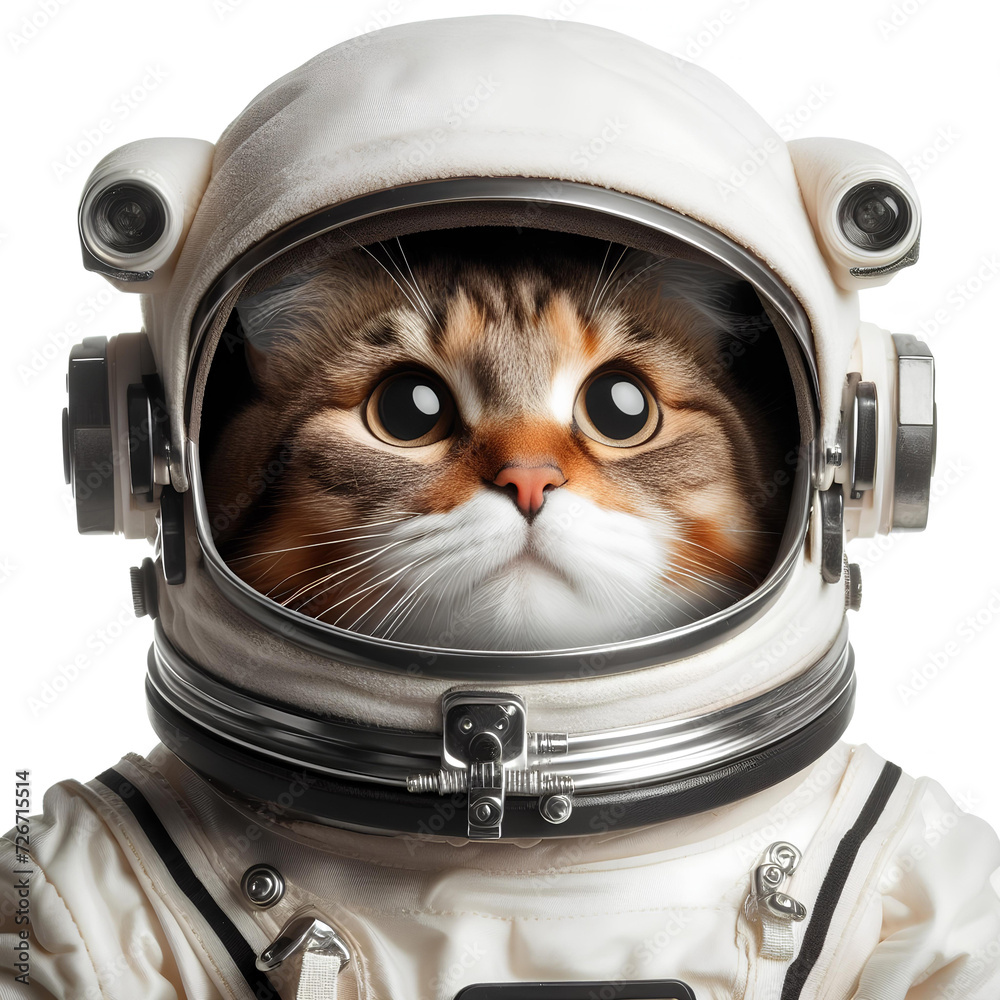 photo of cat in an astronaut helmet isolated on white background