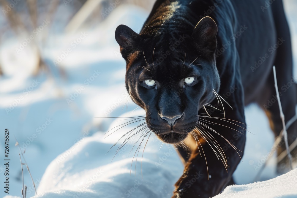 Black Panther Prowls Gracefully Through White Wintry Landscape