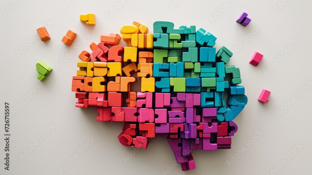 Colorful wooden geometric puzzle brain model. Neurodiversity concept.