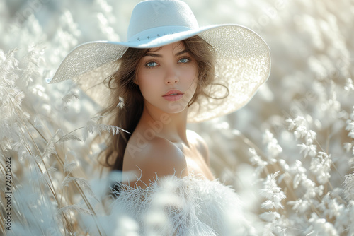 jeune femme dans un champ, avec une robe en dentelle blanche et un chapeau large, couleurs chaudes et douces, photo de mode