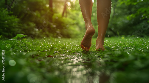 Nature's Embrace: Young Woman Finding Relaxation Barefoot on the Grass. Generative AI