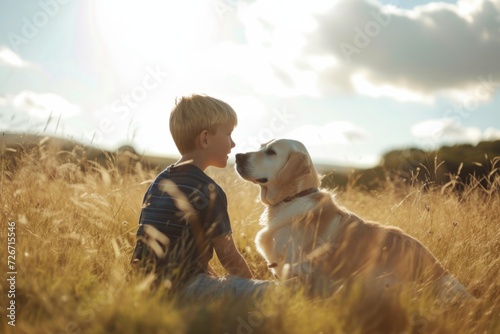 Boy And His Faithful Dog Share Tender Moment In Sunny Field © Anastasiia