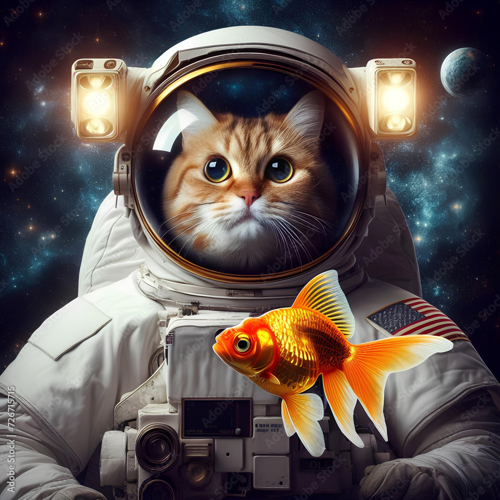 photo of cat in an astronaut helmet isolated on cosmoc background