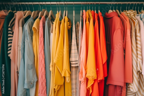 Stylish And Vibrant Closet Displaying Trendy And Colorful Clothing Collection: Perfect Symmetry In Centered Photo