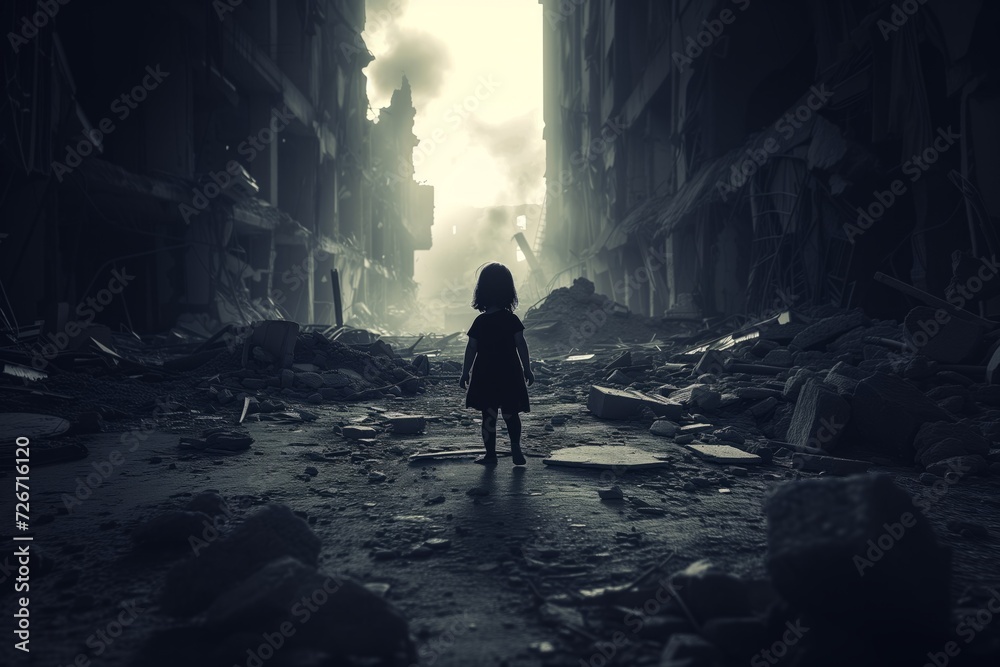 Capturing The Symbolic Desolation And Vulnerability Of A Child Amidst Devastating Ruins: Perfectly Symmetrical Photo With Centered Focus And Copy Space