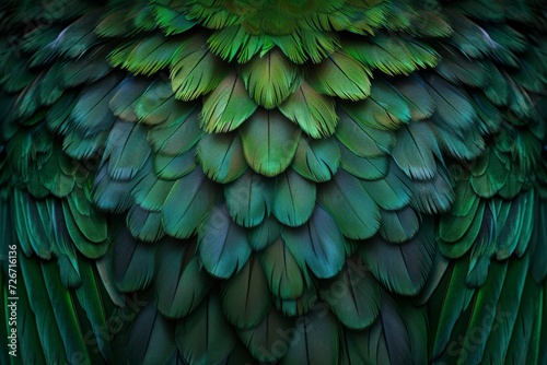 Captivating Natural Green Feathers Background Enhanced With Digitally Rendered Bird Plumage: Exquisite Symmetry, Perfectly Centered With Ample Copy Space © Anastasiia