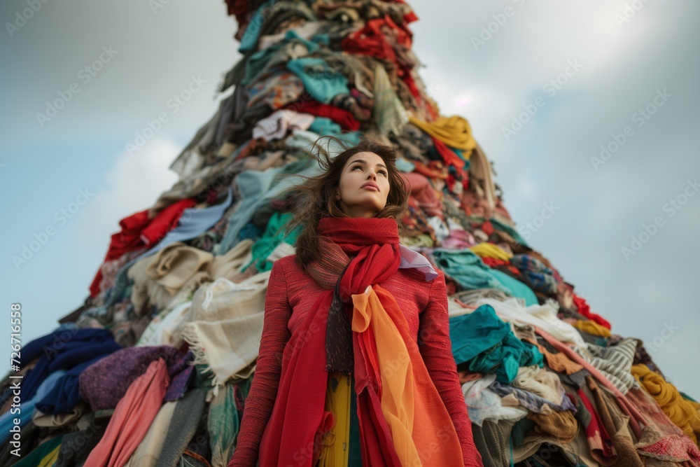 Symbolic Fashionably Dressed Woman On Towering Pile Of Textiles Signifies Global Sustainability Efforts: Captivating, Perfect Symmetrical Photo With Ample Copy Space