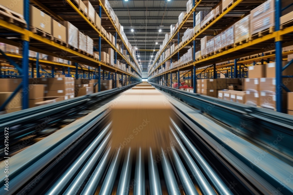 Symmetrical Photo Of Busy Fulfillment Center With Conveyor Belt Moving Boxes