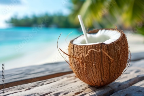 Savor The Refreshing And Irresistible Exotic Coconut Beverage In A Tropical Paradise: Perfect Symmetrical Photo Prominently Aligned.