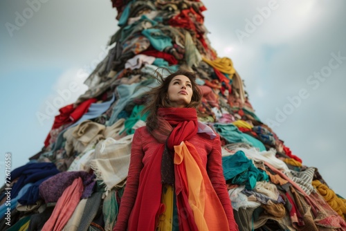 Symbolic Fashionably Dressed Woman On Towering Pile Of Textiles Signifies Global Sustainability Efforts: Captivating, Perfect Symmetrical Photo With Ample Copy Space