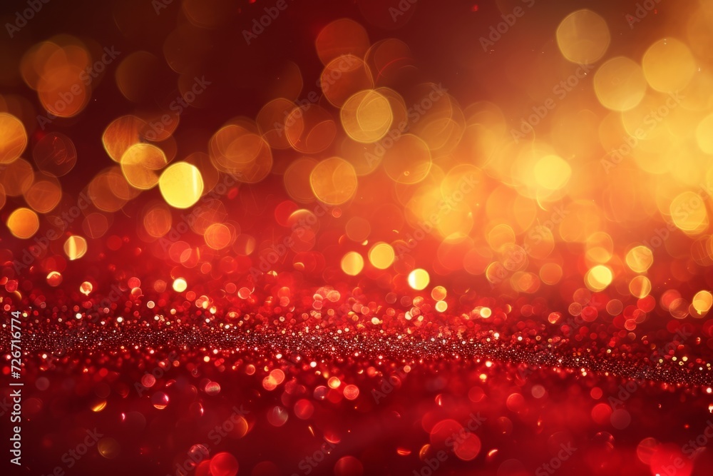 Capturing The Festive Christmas Ambiance: Golden Light Particles And Bokeh On Red Background With Perfect Symmetry And Copy Space Capturing The Festive Christmas Ambiance: Golden Light Particles And Bokeh On Red Background With Perfect Symmetry And Copy Space