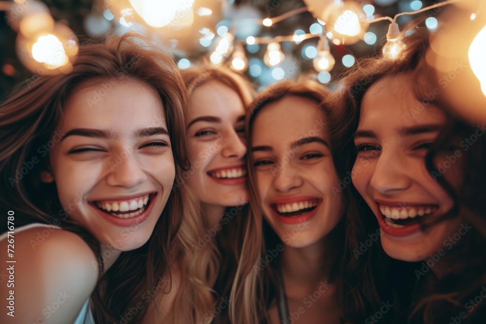 Fototapeta premium Delightful Night Out For A Group Of Young Women: Radiating Joy, Beautifully Composed Photo With Ample Space For Copy