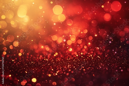 Elegant Christmas Festivity: Golden Light Particles And Bokeh On A Red Background With Symmetry And Copy Space