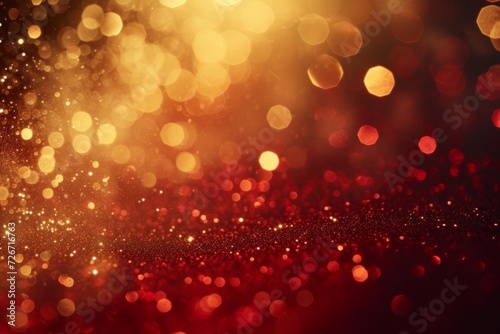 Symmetrical Festive Christmas Ambiance Created By Golden Light Particles And Bokeh On Red Background: Perfect Photo With Centered Composition And Copy Space