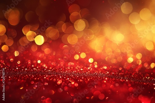 Capturing The Festive Christmas Ambiance: Golden Light Particles And Bokeh On Red Background With Perfect Symmetry And Copy Space