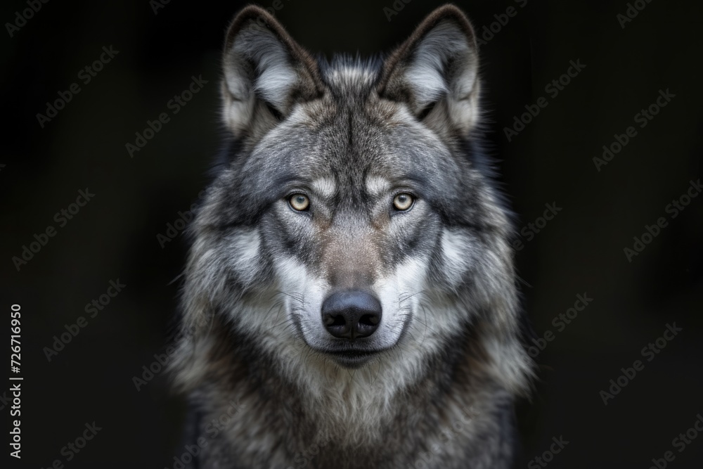 Photograph Of Majestic Grey Wolf In Stunning Black Background Provides Perfect Symmetry And Generous Space For Captions
