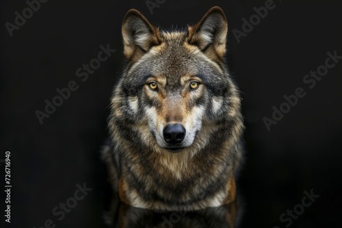 Captivating Photo Of Majestic Grey Wolf In Stunning Black Background, Emphasizing Symmetry With Centered Composition And Copy Space