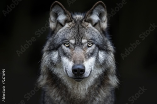 Photograph Of Majestic Grey Wolf In Stunning Black Background Provides Perfect Symmetry And Generous Space For Captions © Anastasiia