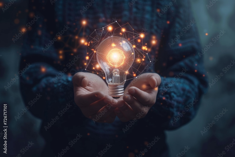 Innovative Solutions Concept: Futuristic Graphics And Lightbulb Symbolize Vision And Creativity Innovative Solutions Concept: Futuristic Graphics And Lightbulb Symbolize Vision And Creativity