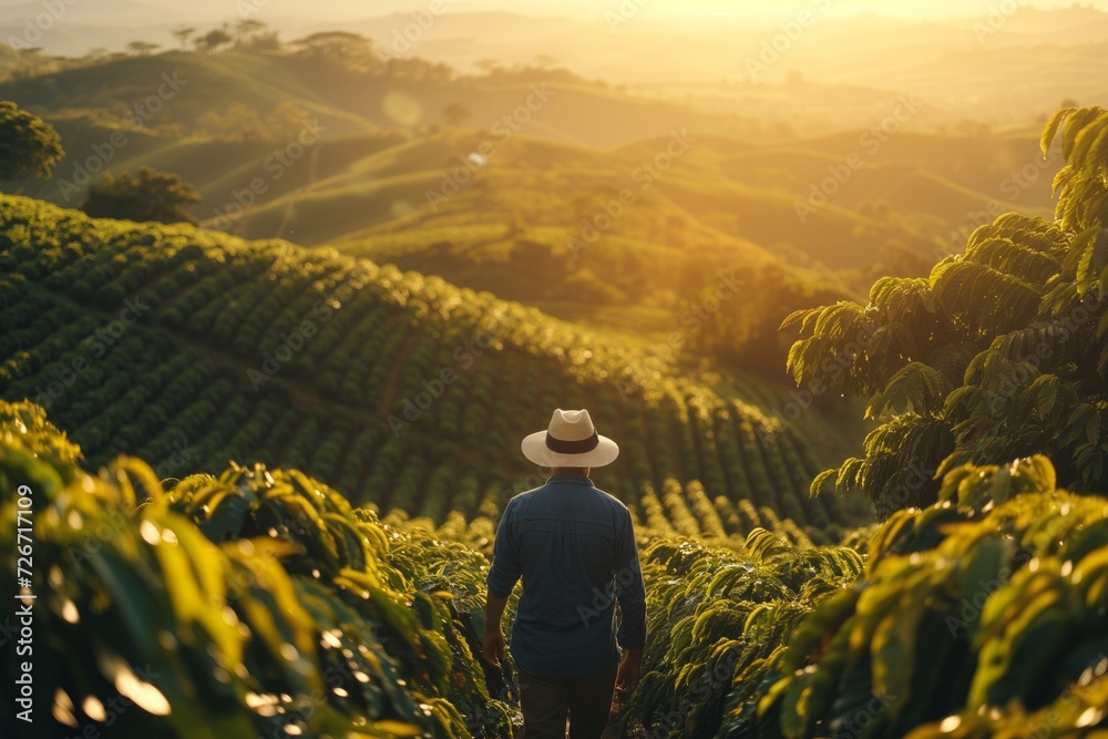 Fototapeta premium Person Strolling Amidst Sunrisefilled Coffee Fields, Donning Stylish Hat