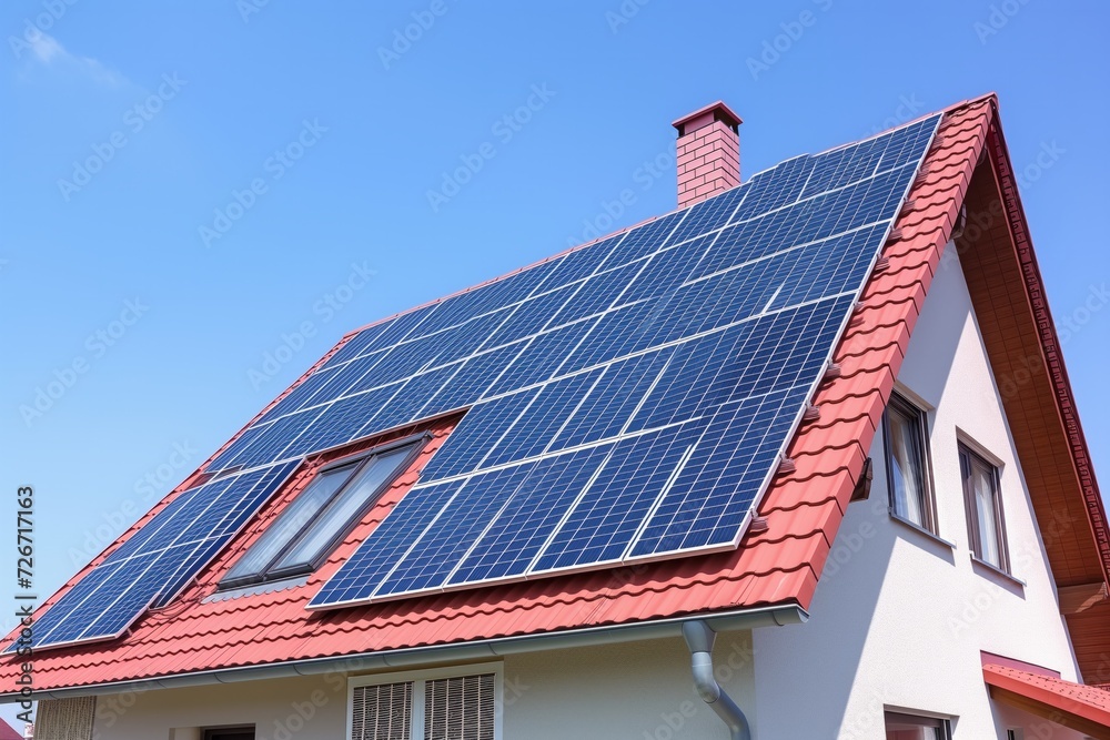 Fototapeta premium Redroofed House With Solar Panel Water Heater, Against Blue Sky Backdrop