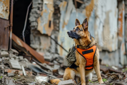 Perfectly Centered Photo Of Search And Rescue Canine Wearing Vest Inspecting Debris-Filled Structure