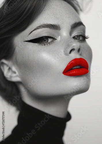 Black and white portrait, model with a bold red lip and graphic eyeliner, minimalist studio, high-contrast fashion