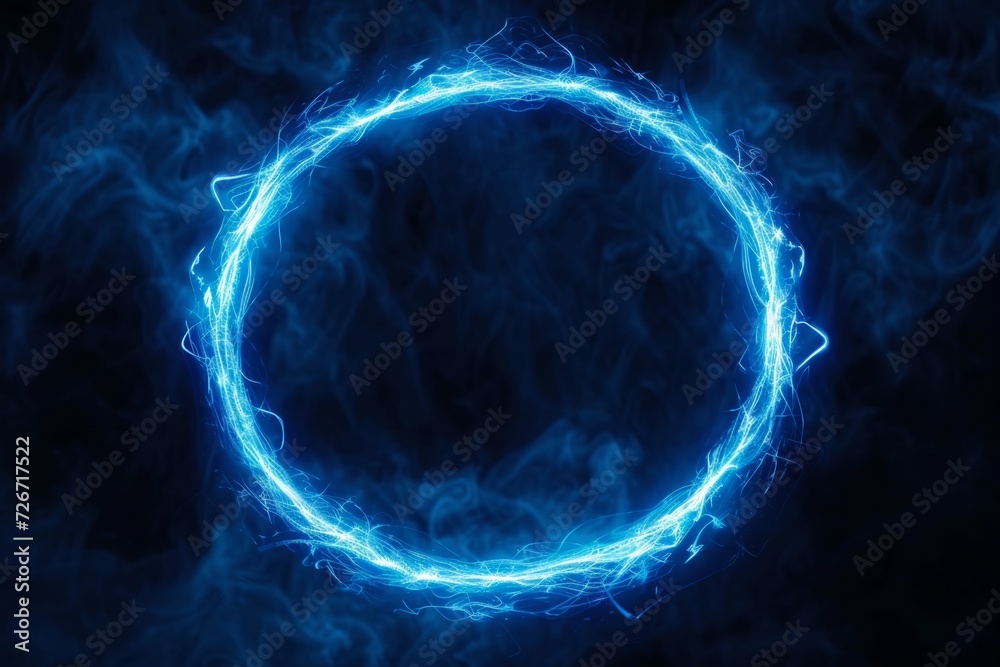 Obraz premium Elegant Blue Geometric Circle Creates Mesmerizing Display On Dark Background With Perfect Symmetry, Centered Composition And Copy Space