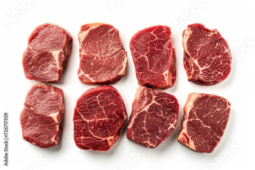 Perfectly Symmetrical Photo Of Various Raw Steaks Arranged From Above, Isolated On White
