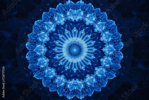 Captivating Symmetrical Photograph: Vibrant Blue Geometric Circle Against Dark Background, Centered © Anastasiia