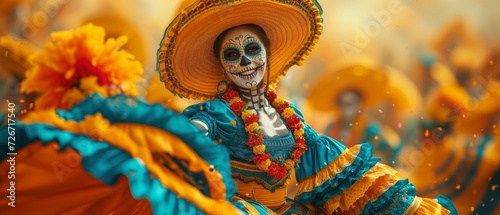 Mexican Women dressed as skeletons dancing on Mexico's Day of the Dead photo