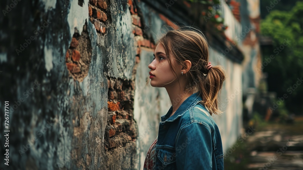Young Woman in Denim Jacket Standing Next to Old Brick Wall