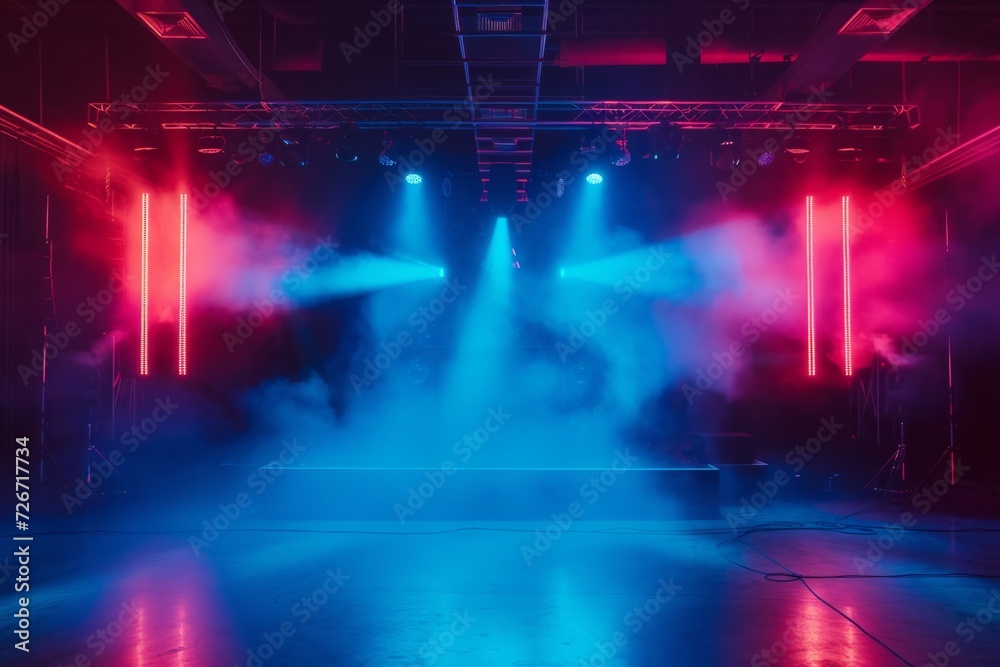 Captivating Stage Club With Dynamic Lighting, Creating An Atmospheric Backdrop, Ideal For Symmetrical Photos, Centered Composition And Ample Copy Space