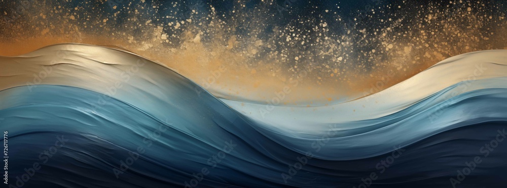 Abstract artistic depiction of rolling blue waves with a dynamic splash of golden glitter against a dark backdrop
