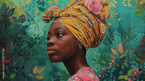 painted portrait of an african  woman with a vibrant floral headwrap in a lush garden photo