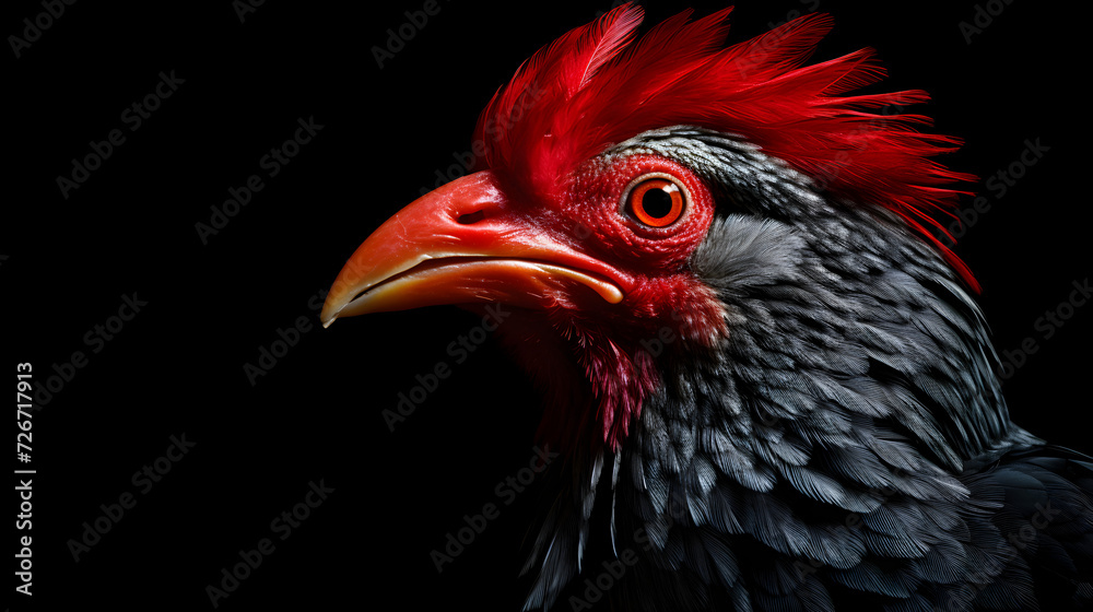 rooster isolated on black,,
A black and red rooster with a red eye and a black background.
