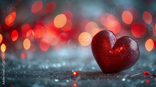 A glitter heart sits in front of a red fairy light blurred background. Representation of love and Valentines.
