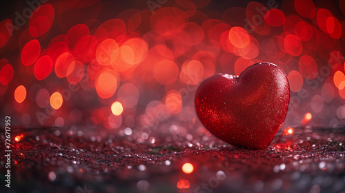 A glitter heart with red fairy lights blurred in the background. A representation of love and Valentine's day.