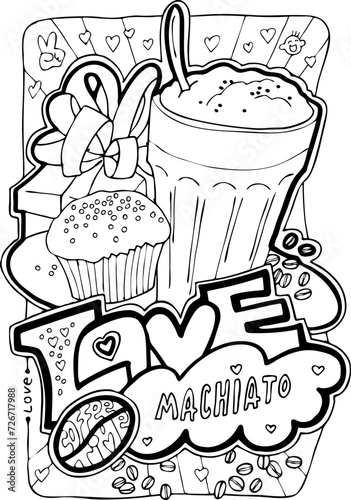 Coffee cup colouring book vector pages for antistress and relaxation. Hand drawn cartoon line illustration. Morning ritual for coffee lovers, cafe decoration, restaurant menu, poster print design.