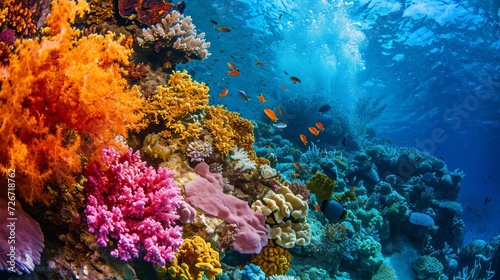 Vibrant Underwater Coral Reef Landscape with Colorful Fish and Marine Life © Arslan