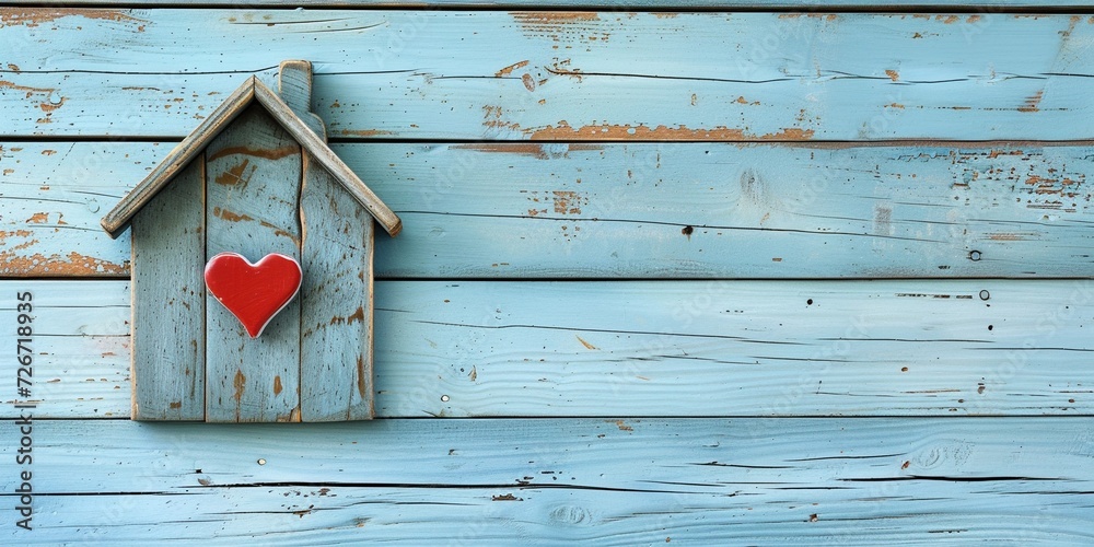 Home sweet home, house wood with heart shape on wooden and blue background, copy space. Home sweet home, house wood with heart shape on wooden and blue background, copy space.